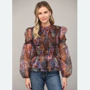 Floral Smocked Peplum Top Exaggerated Sheer Sleeves SZ M Whimsigoth Fairycore